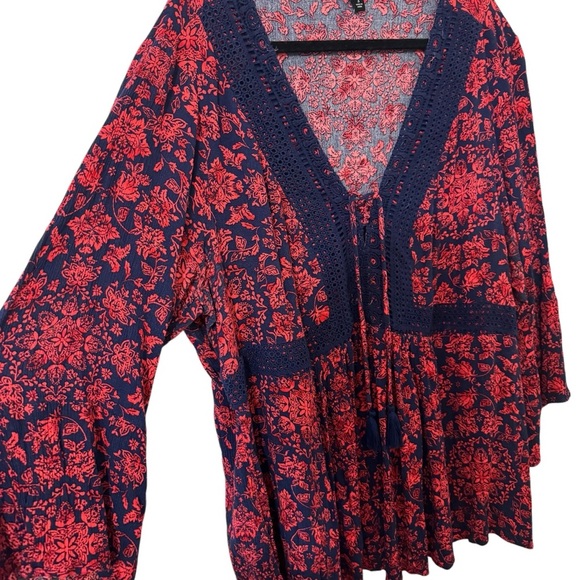 Torrid Lace-Up Blouse Top Red Blue Babydoll Gauze Crochet Trim Plus Size 3x - Picture 6 of 8